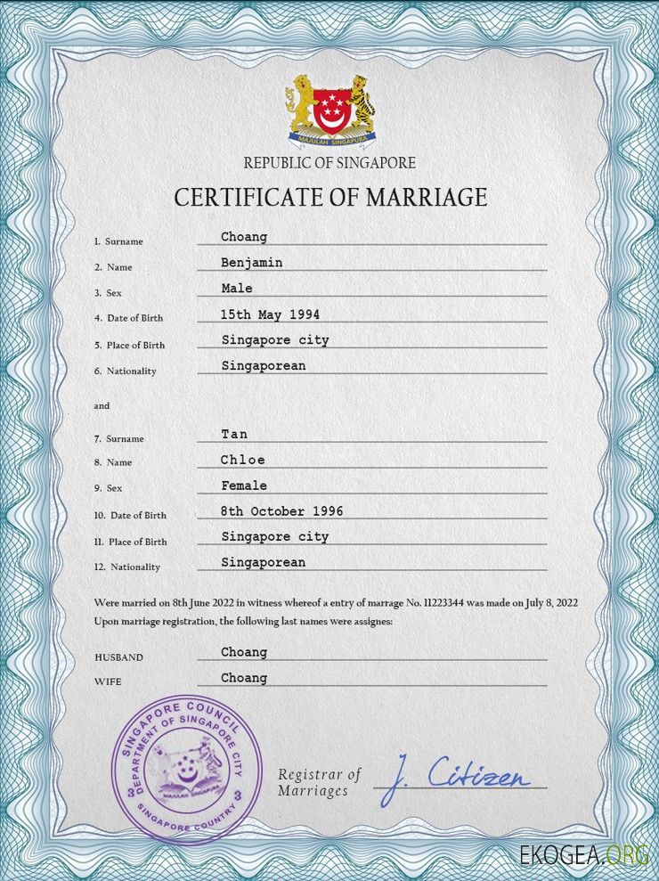 Modèle PSD de certificat de mariage de Singapour